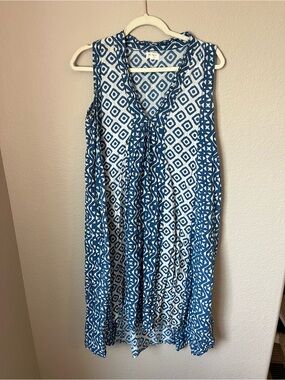 World Market S/M Blue White Block Print Midi Dress Pockets Boho Lagenlook